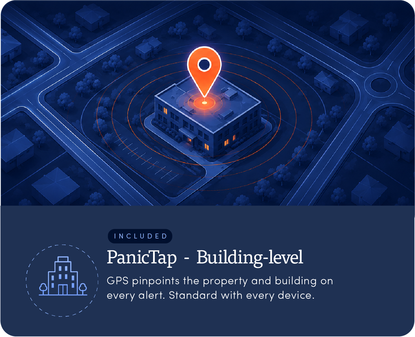 PanicTap, building-level location — GPS pinpoints the property and building on every alert. Included with every device.