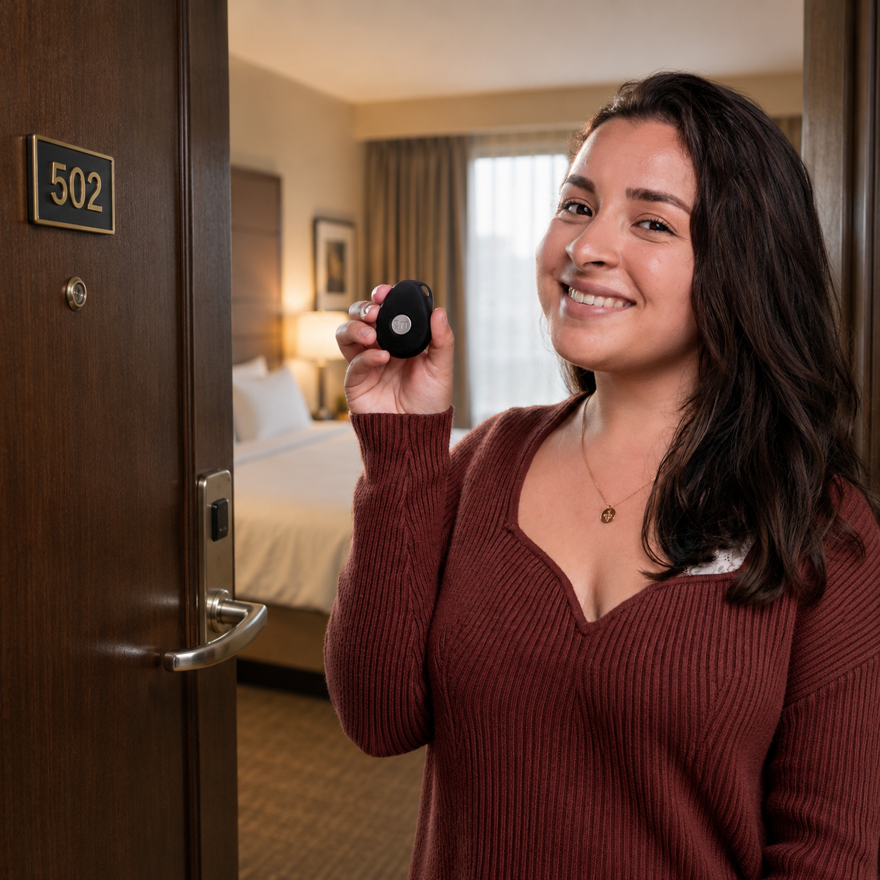 A hotel staff member holding her PanicTap panic-button device outside room 502