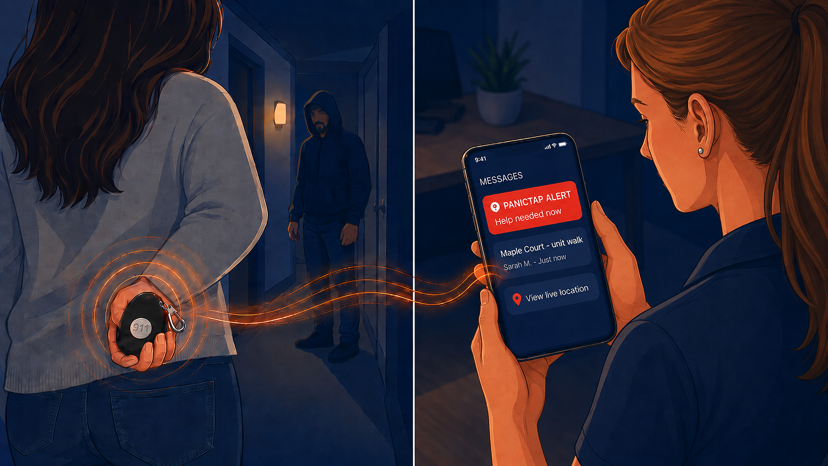 Texts your whole network — at the same moment, PanicTap texts your emergency contacts, each message carrying a live location link so on-site teammates can respond right away.